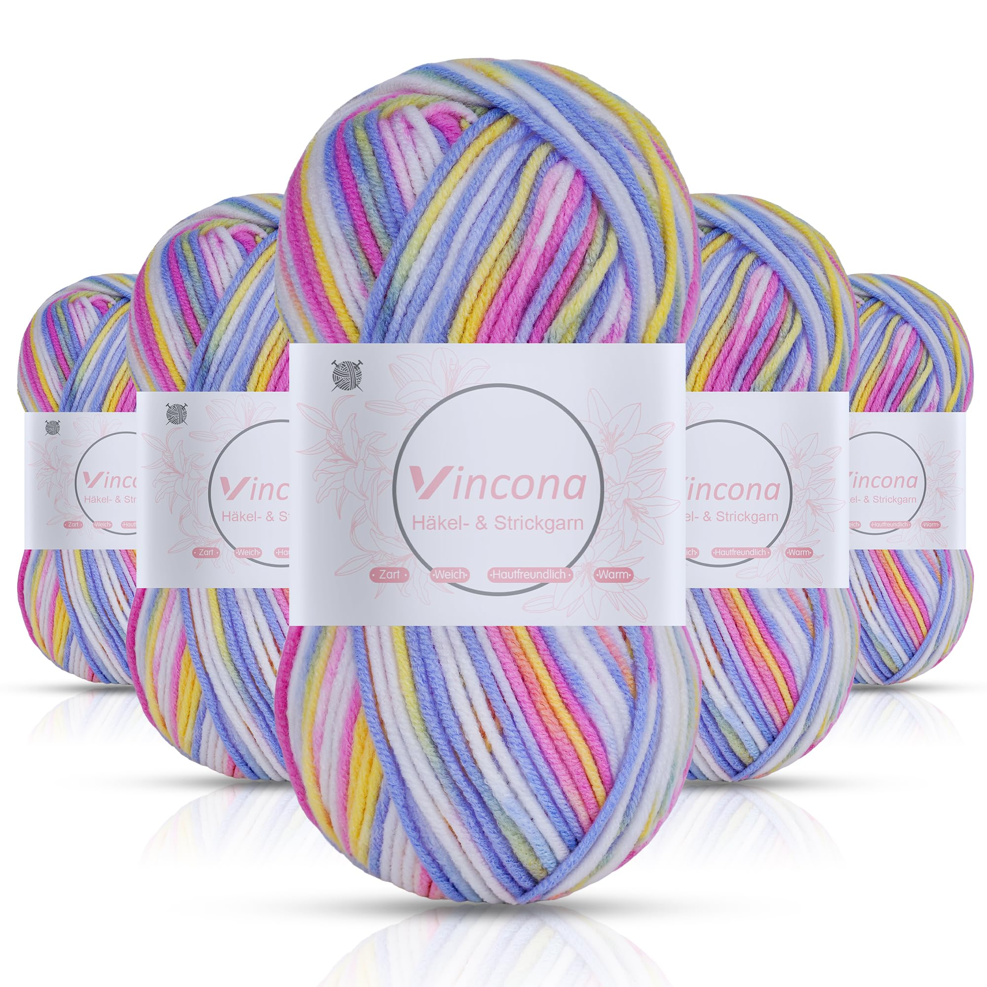 Vincona Häkelgarn，5x50 g Wolle zum Häkeln，Bunt Farbverlauf Acrylgarn zum Häkeln，Wolle zum Häkeln und Stricken, Handstrickgarnsets Geeignet zum Stricken von Puppen, Pullovern, Schals, Mützen