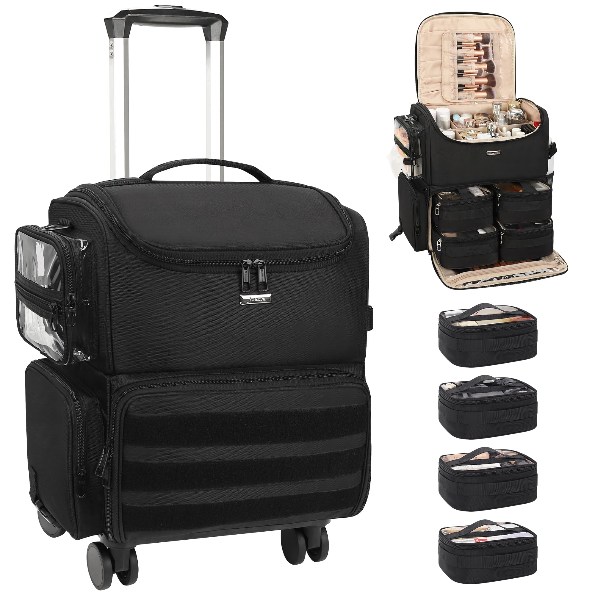 Relavel Rollender Make-up Koffer, Kosmetikkoffer mit Rädern + 4 transparenten Taschen, Profi Set für Make-up-Künstler – Kosmetik-Organisierer mit verstellbaren Trennwänden, 360°-Drehrollen, Schwarz