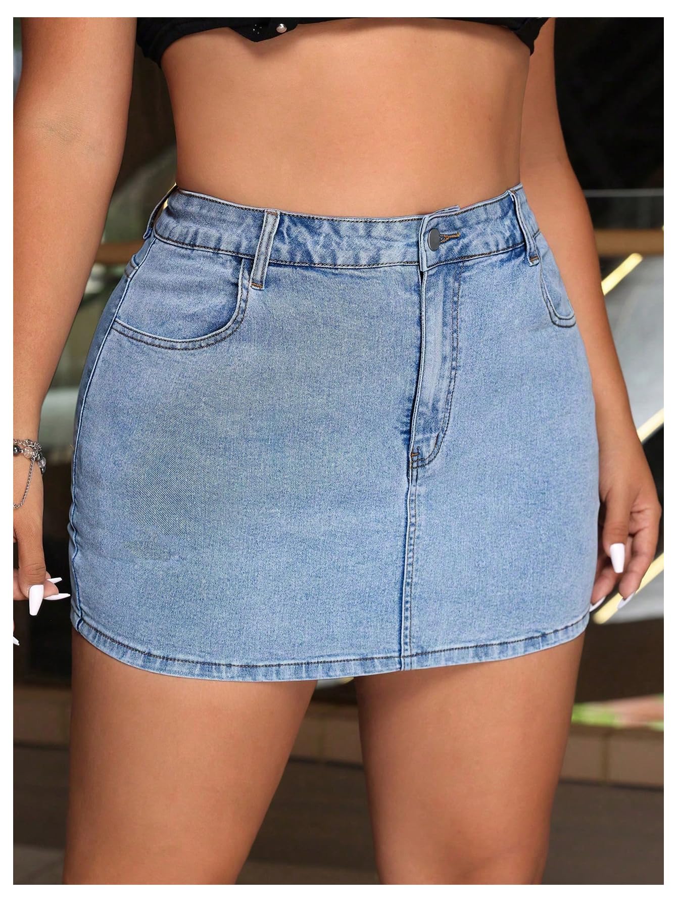 Floerns Minigonna da donna a vita alta in denim taglie forti con tasche