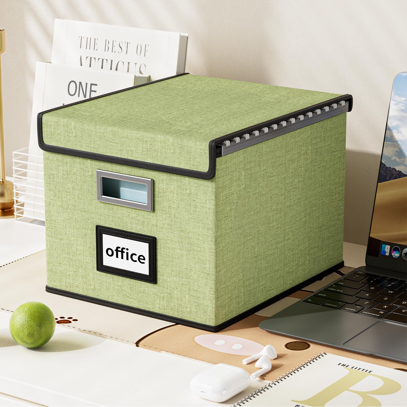 Huolewa File Organizer Box with Lid, Collapsible File Folder Organizer for Office Document Storage, Filing Box with Plastic Slide for Letter Size Hanging File Folders(1 Pack, Green)