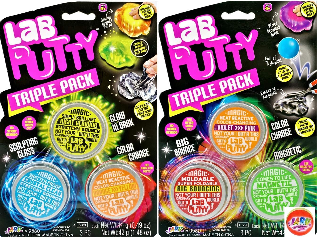 Lab Putty Assorted Magnetic, Heat Sensitive, Crystal Clear, UV Sensitive, Glow in The Dark (6 Units in 2 Packs) by JA-RU. Thinking Smart Crazy Stress Kids Putty Sensory Toy Stress Relief 9580-2p