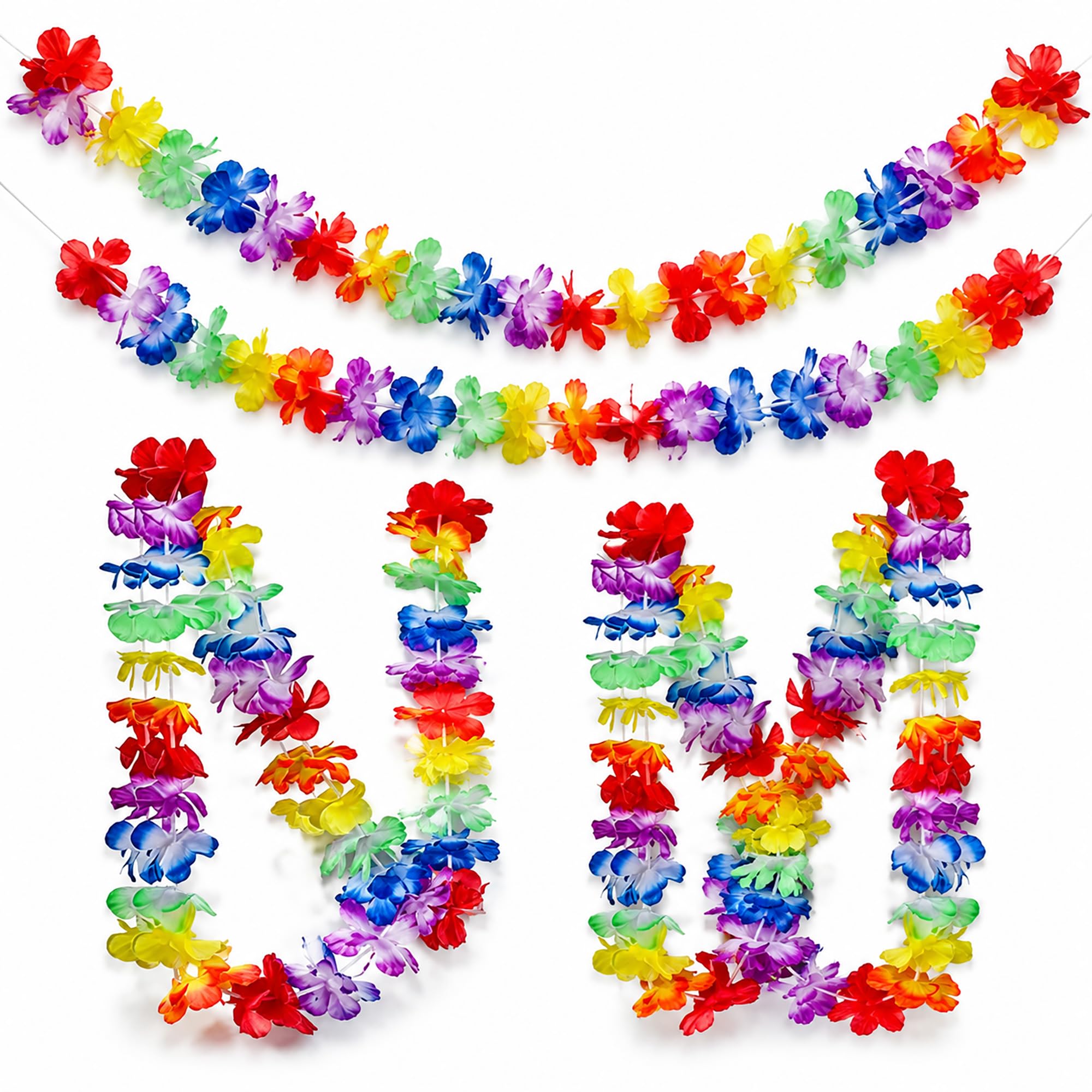 Hawaiian Flower Garland 4 Pack - 12 m Multicolour Tropical Lei Style Garlands - Colourful Fabric Luau Beach Tiki Party Decorations for Indoor Outdoor Party Supplies
