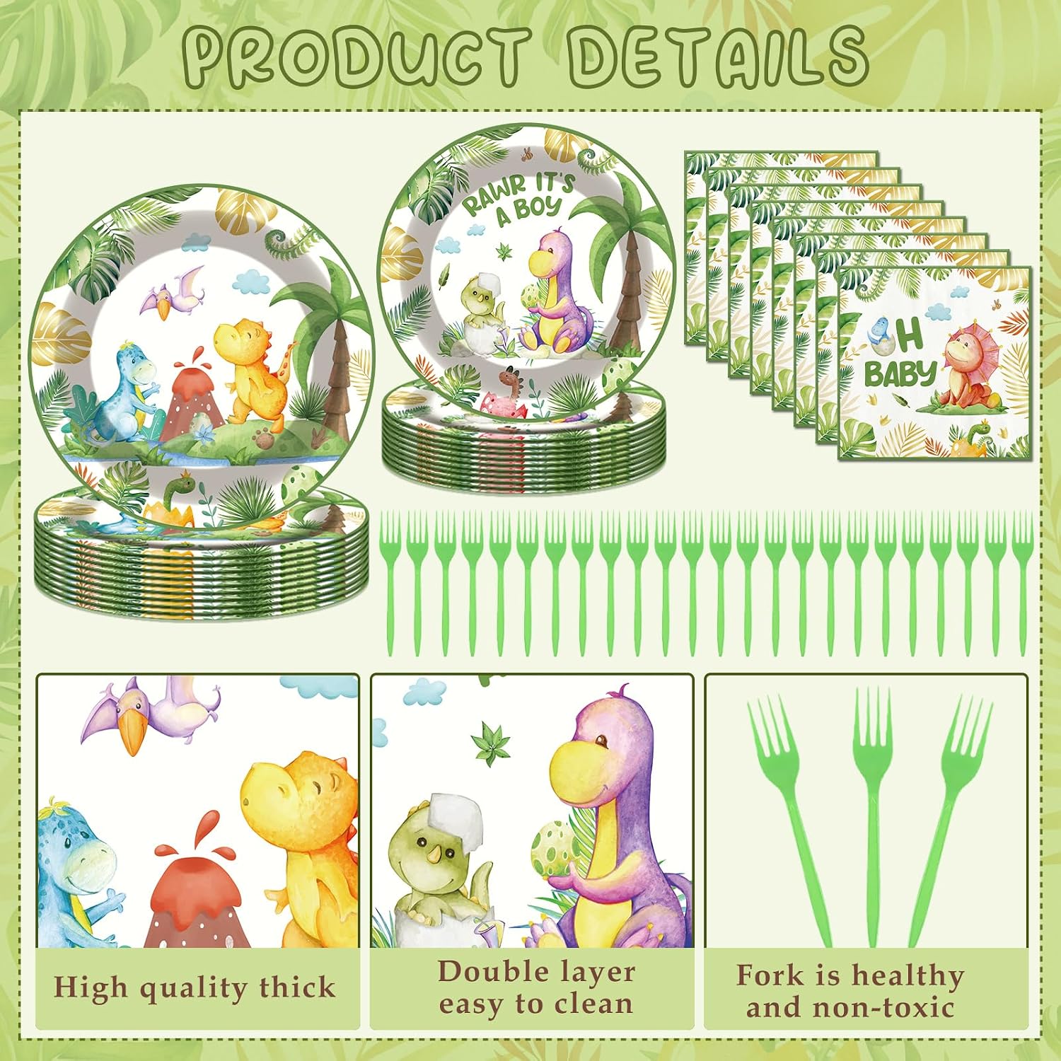 Dinosaur Baby Shower Party Decorations - 96 Pcs Green Plates Napkins Forks Tableware Set for Boy Birthday Party Decor, Cute Dinosaur Disposable Tableware Home Kid Birthday Decor for 24 Guests