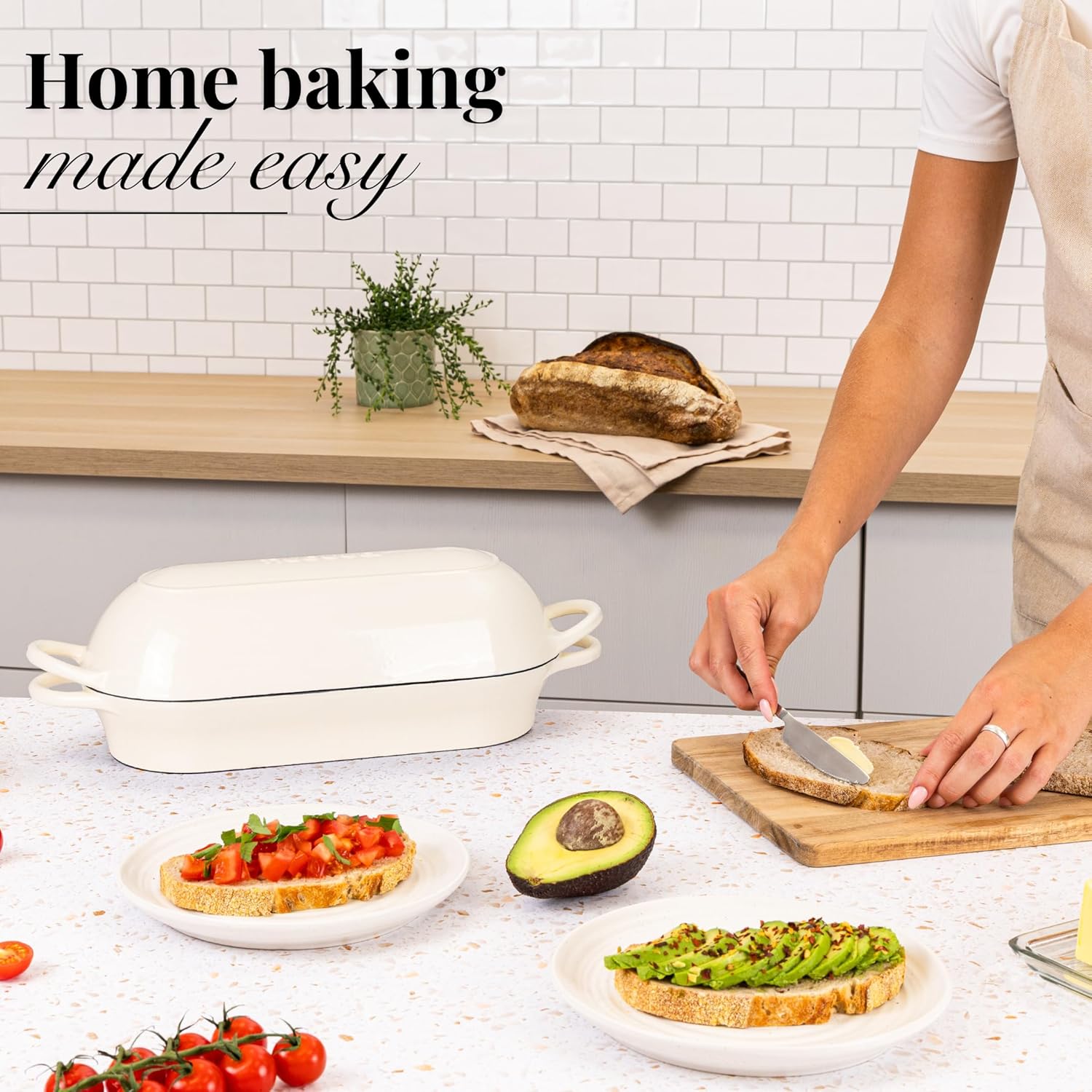 Enamelled Cast Iron Bread Loaf Pot – Dutch Oven For Sourdough Bread Baking – Oven Safe Non Stick Bread Pot – Rectangular, Cream, 34cm x 16cm – by Nuovva - Image 9