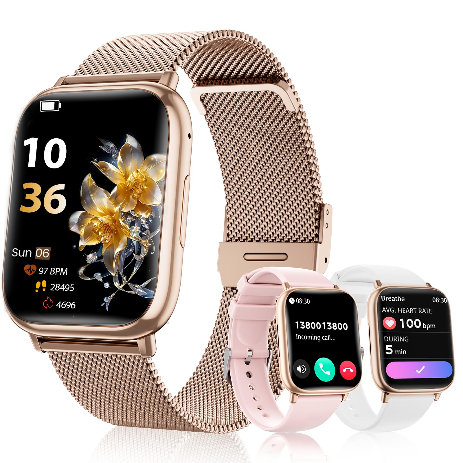 SLOKSFil Smartwatch Donna con Chiamate Bluetooth, 1.83" Fitness Orologio Smartwatch 3 Cinturini Frequenza Cardiaca SpO2 Pressione Sanguigna IP68 Impermeabile Sonno 120+ Modalità Sportive (Oro Rosa)