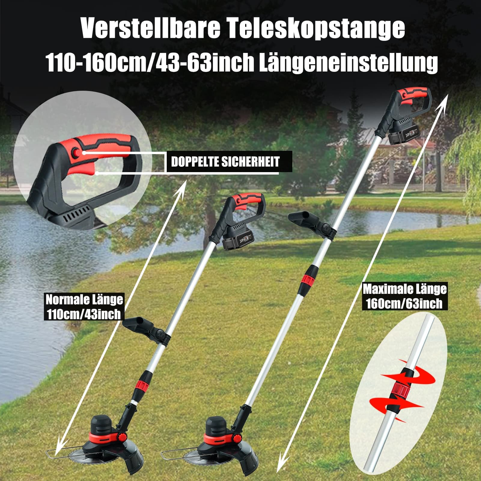 Rasentrimmer mit Akku für Makita Rasentrimmer BRUSHLESS, ∅30cm Freischneider Akku Rasentrimmer mit Unkrautbürste, Messer, Rädern, 160CM Unkraut Entferner Gerät, Garten Grass Trimmer/Unkrautstecher | ∅30cm, 2x 24V AKKU Rasentrimmer mit Unkrautbürste Freisc