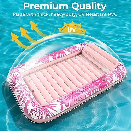 Miniatura 6 de Flotador inflable de bronceado para piscina con lona de protección, flotadores de piscina de 85 x 57 pulgadas para adultos con almohada, flotador de