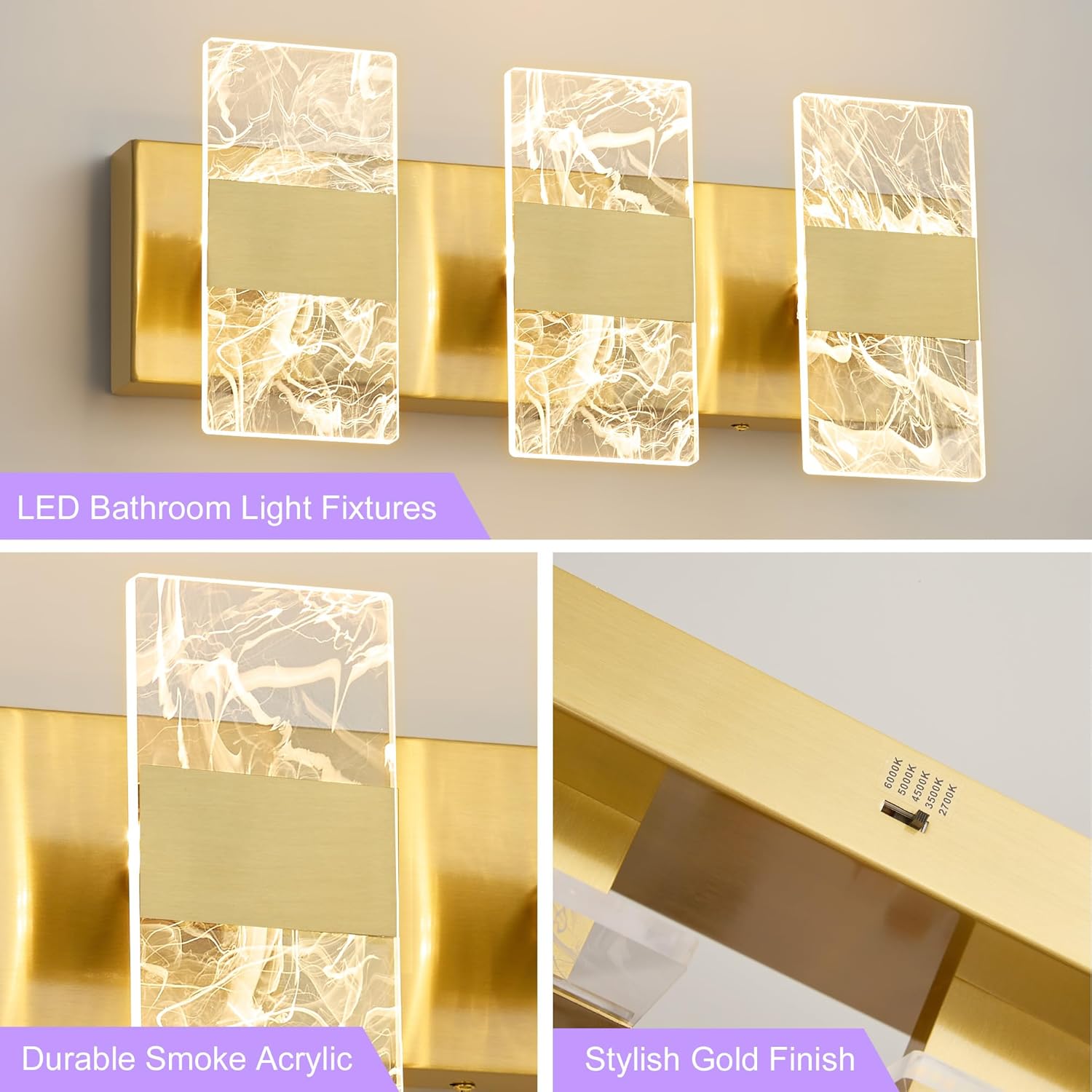 Modern LED Bathroom Light Fixtures Dimmable 3-Light Gold Vanity Light, 5CCT Adjustable Lighting Fixture Vanity Lights Over Mirror, Smoked Acrylic LED Vanity Lights for Bathroom