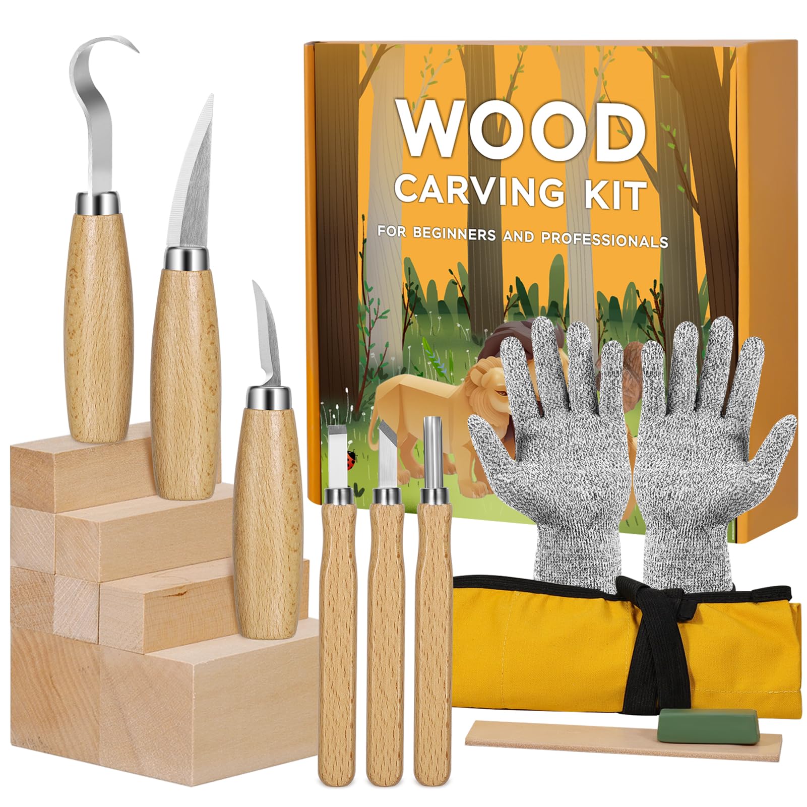 Kit d'outils de sculpture sur bois 18 en 1 pour adultes, enfants, débutants, 8 blocs de sculpture en bois de tilleul, kit de sculpture sur bois avec 6 couteaux de sculpture pour bois, taille-crayon