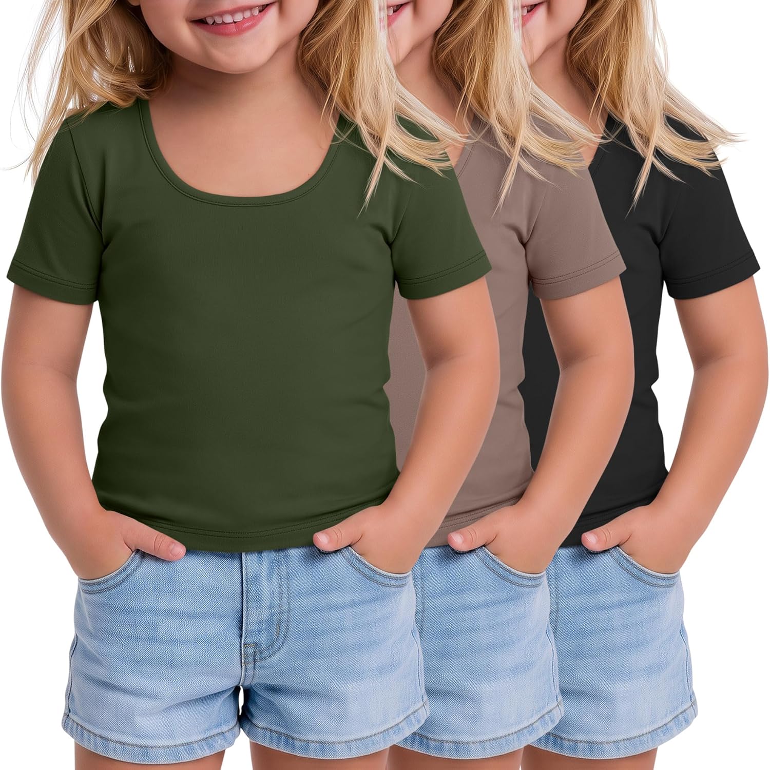 3 Pack Toddler Girls' T-Shirts Baby Girls' Scoop Neck Half Sleeve Tees Slim Fit Summer Basic Tops 18m-5t