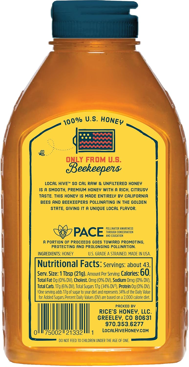 Local Hive Southern California Raw & Unfiltered – 32 oz | 100% Pure U.S. Honey | Natural Sweetener Sourced from American Bees & Beekeepers | Smooth Citrusy Flavor | Ideal for Tea, Baking & Cooking