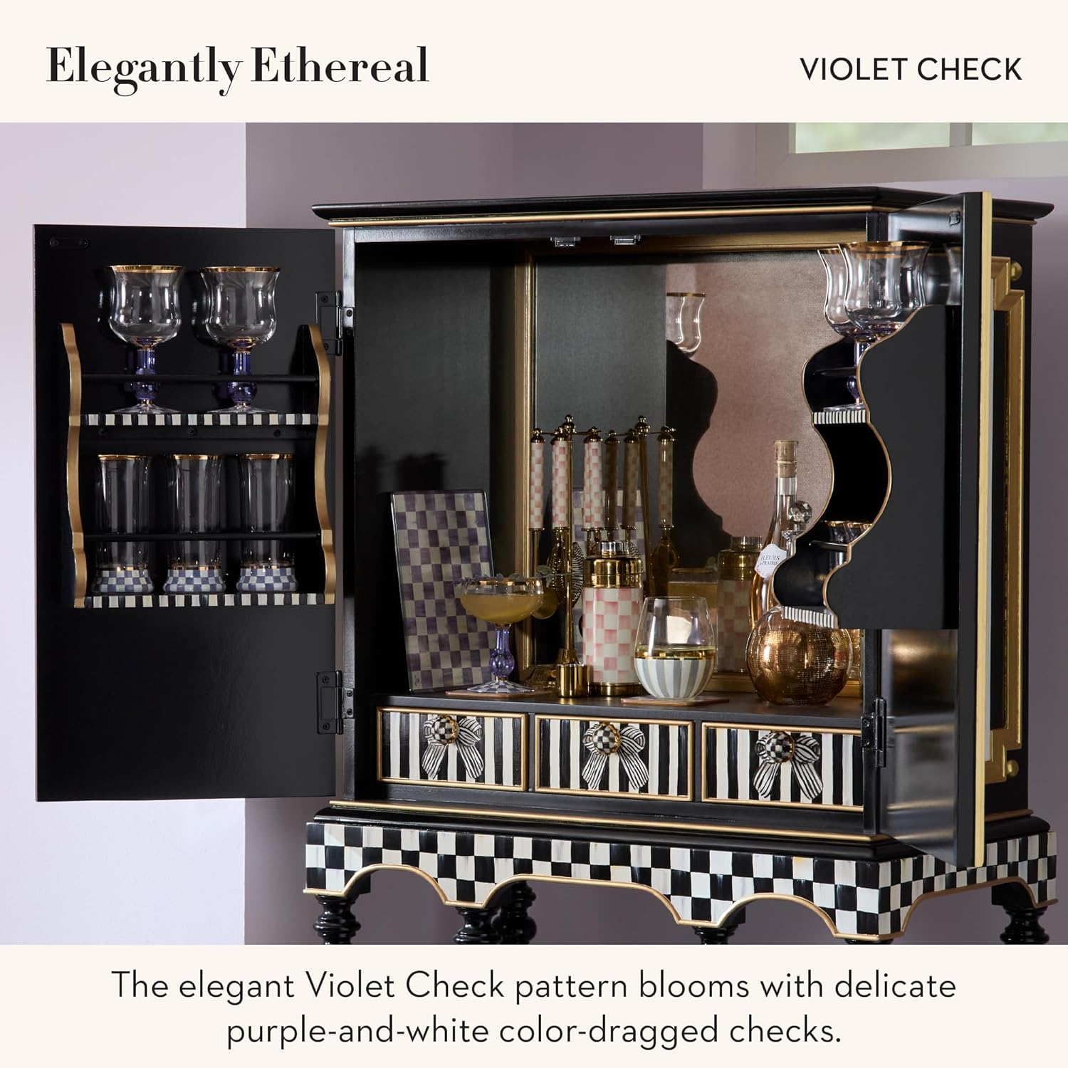 MACKENZIE-CHILDS Square Cork-Back Coaster Set, Table Coasters for Drinks, Set of 4, Purple-and-White Violet Check