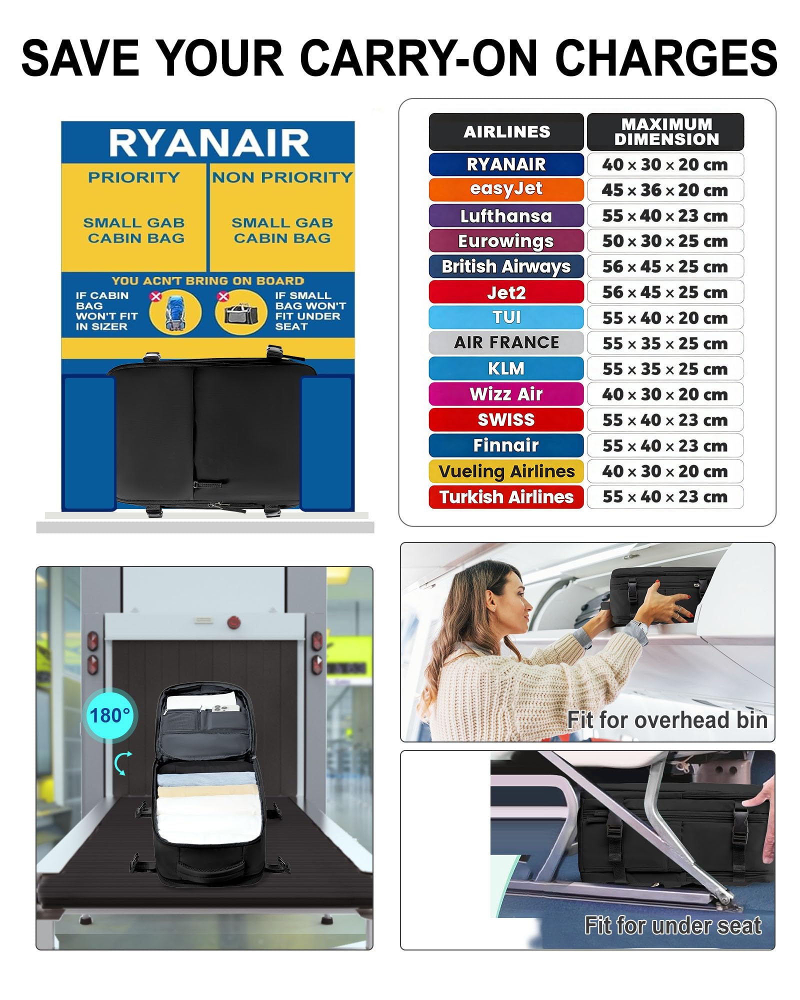 SZLX Zaino Ryanair 40x30x20 Sottovuoto con Pompa Zaino da Viaggio 40x30x20 Wizzair Bagaglio a Mano 40x20x25 Ryanair Donna Borse da Cabina per Easyjet 45x36x20 Uomo Zaino Laptop 14 Pollici Valigia