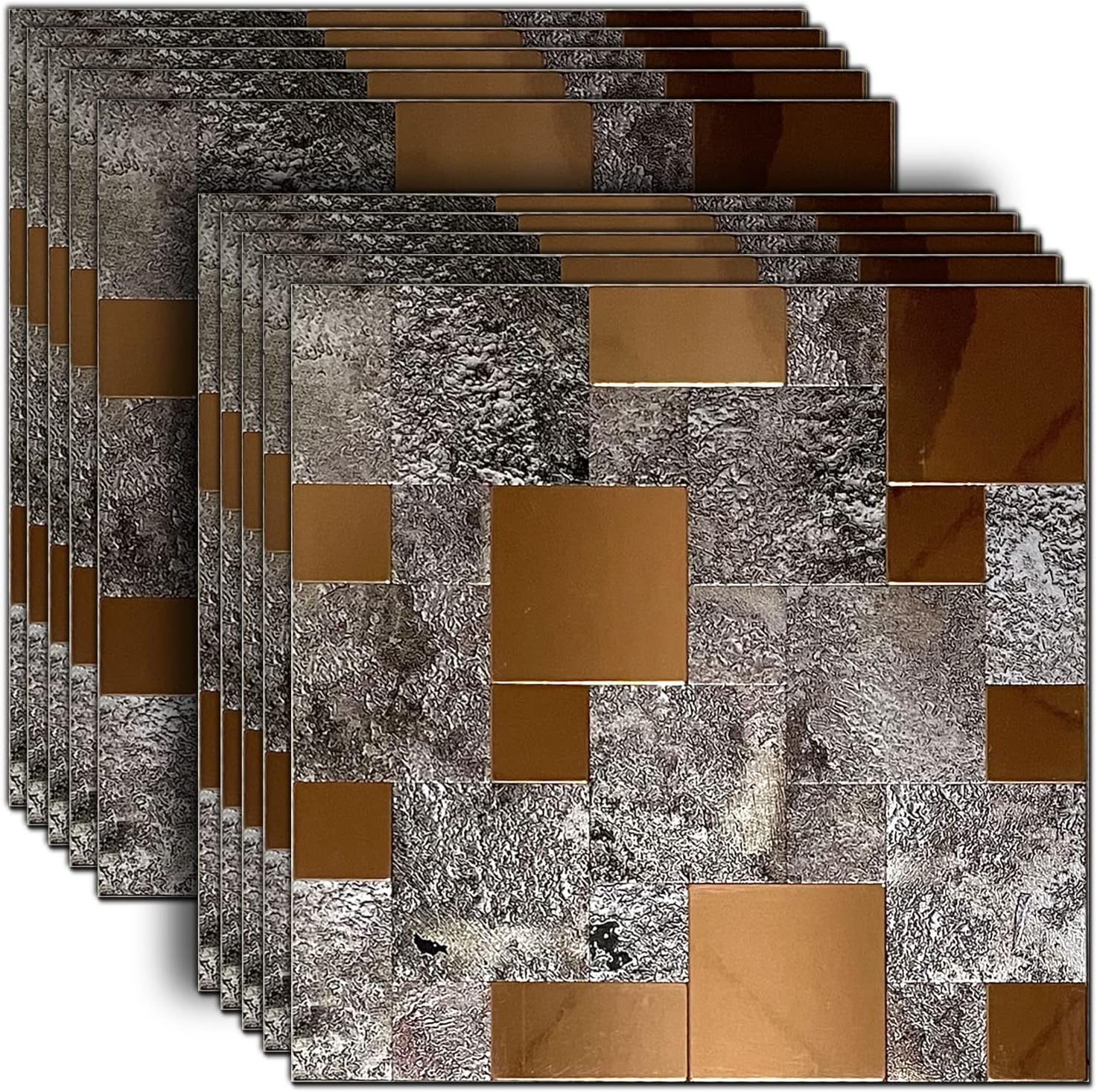 YMMXGE 10-Sheet Peel and Stick Backsplash Metal Tile,Premium Self-Adhesive Aluminum Mosaic Sticker for Kitchen Wall (10pcs, Dark Gray Print + Bright Brown)