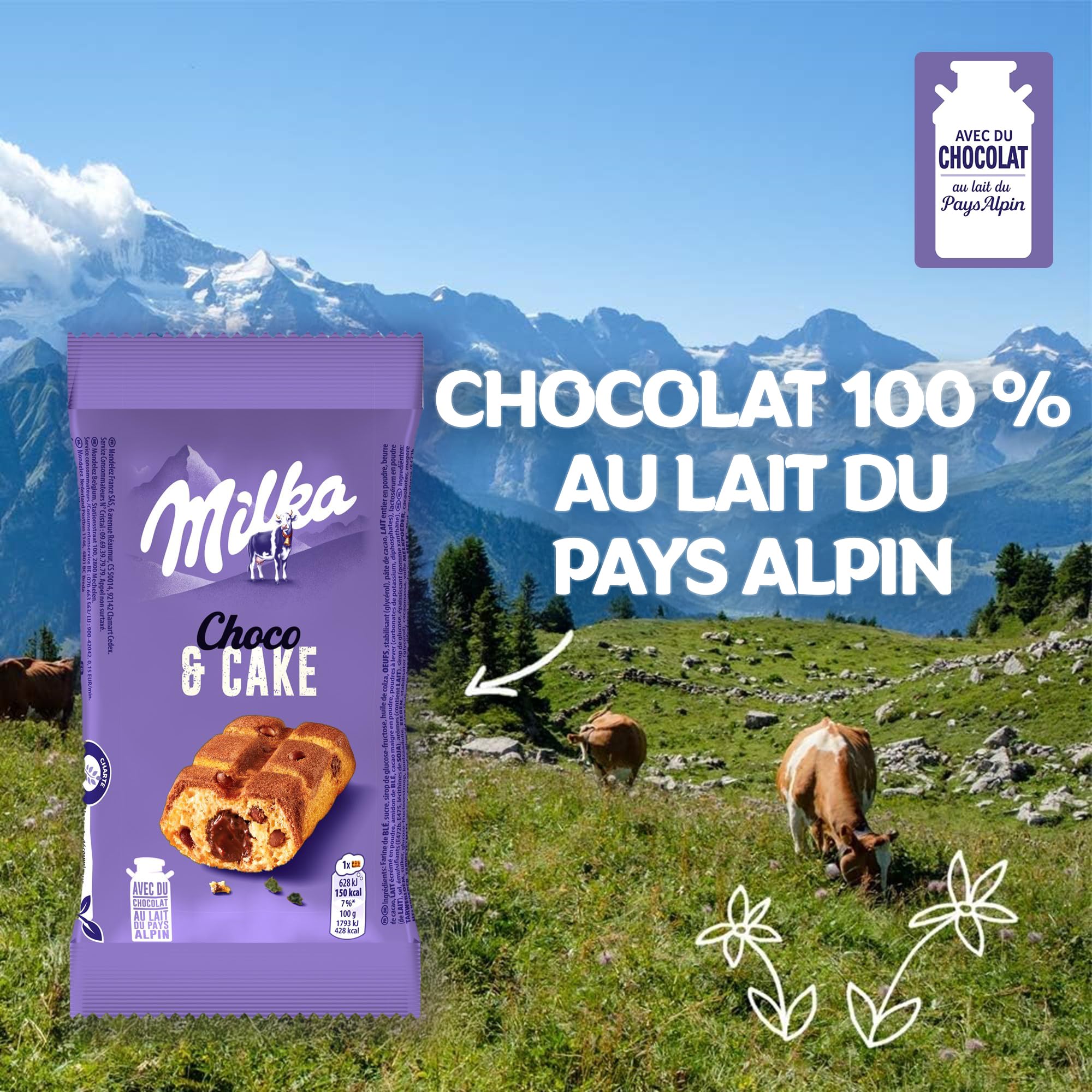 MILKA - Choco & Cake - Gâteau Moelleux Fourré au Chocolat au Lait Milka - Lot Gâteaux Individuels - Format Familial Pratique pour le Goûter des Enfants - Présentoir de 24 Paquets de 35 g