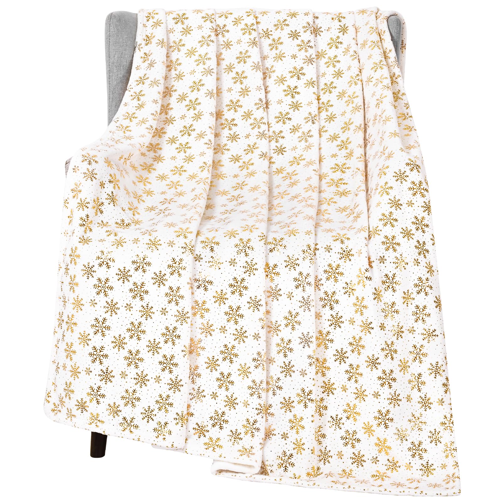 FRAMICS Manta de Navidad, manta con estampado de copo de nieve dorado, manta de forro polar de franela blanca para sofá, manta de lujo suave y acogedora para sofá cama, decoración de Navidad, 50 x 60