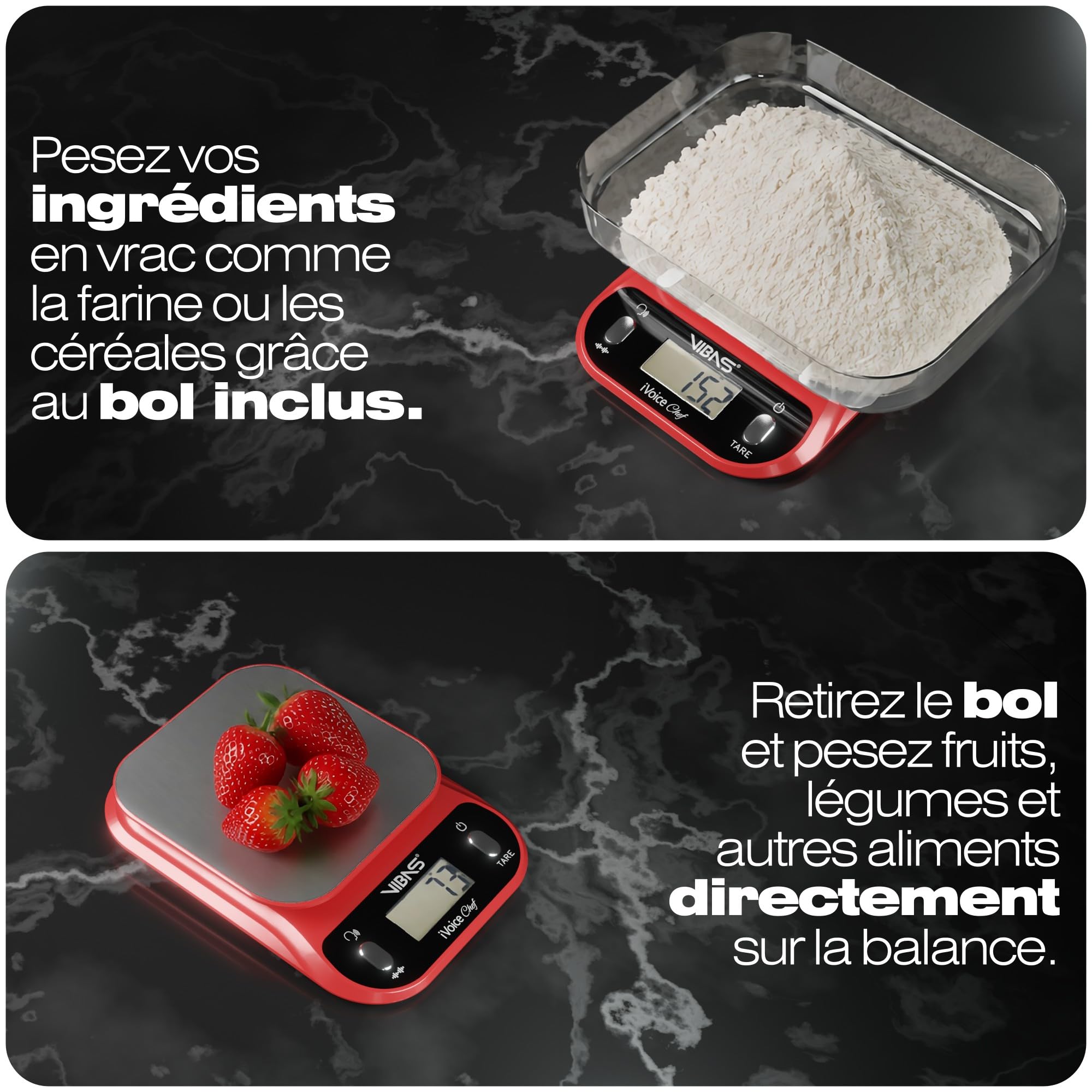 Balance de Cuisine Parlante VIBAS iVoice Chef avec Bol, pour Non-Voyants et Seniors, 5 Langues, Signaux Sonores, Répétition du Poids, Volume Réglable, 10 kg, Piles Incluses