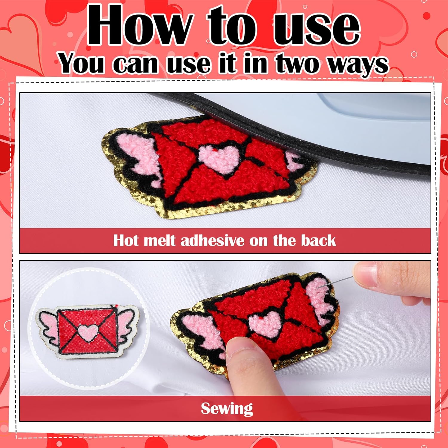 Suncalla 72 Pcs Valentine's Day Chenille Patches Glitter Pink Red Heart Bow Iron on Patches Galentines Appliques Sew on for Hat Backpack Clothes Shirt Jeans DIY Craft Party Favors