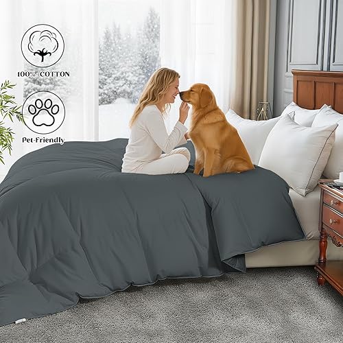 Miniatura 5 de Edredón de plumas de ganso tamaño King, inserto de edredón 100% algodón para todas las estaciones, edredón de cama acolchado con 8 lengüetas de