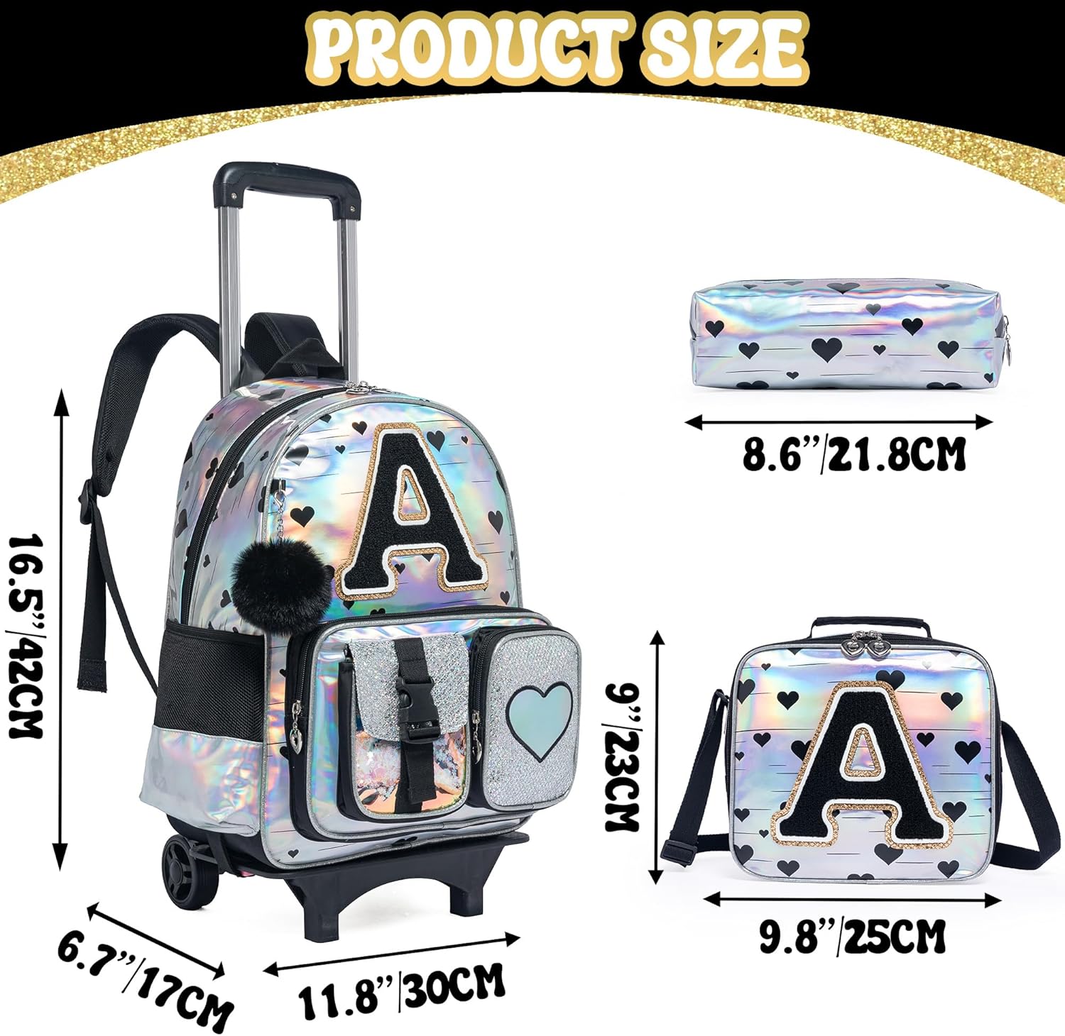 Meetbelify Rolling Backpack for Girls Backpack with Wheels for Elementary Student Kids School Bag with Lunch Box Pencil Case for Girls Ages 6-8 Years Old Black A