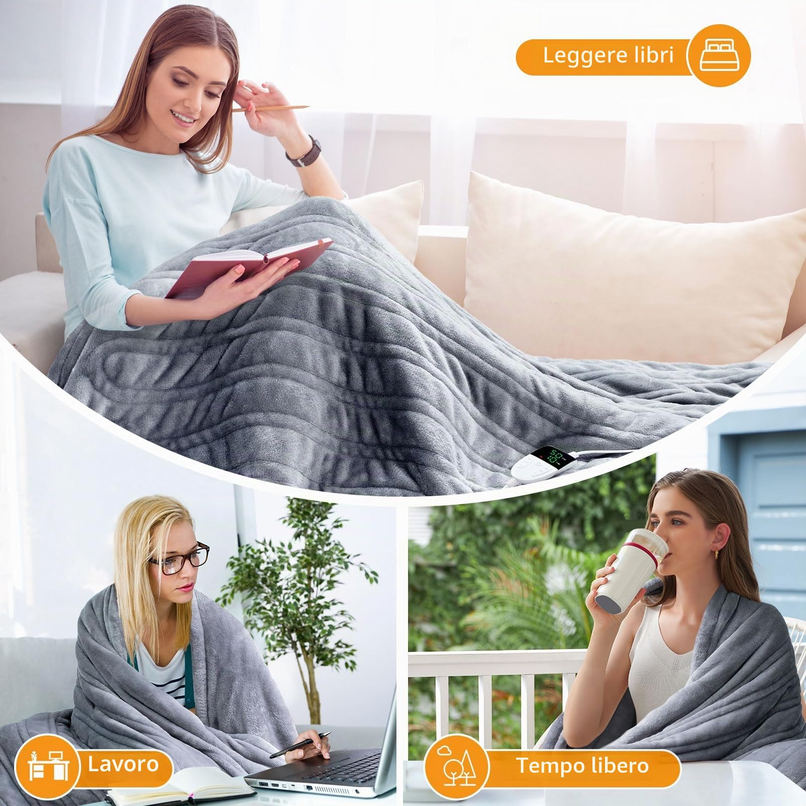 Coperta Elettrica, Coperta Riscaldata Termica 180x150cm, Coperta Matrimoniale con Flanella Riscaldamento Rapido 6 Temperature Personalizzata 5 Timer Protezione Surriscaldata Lavabile