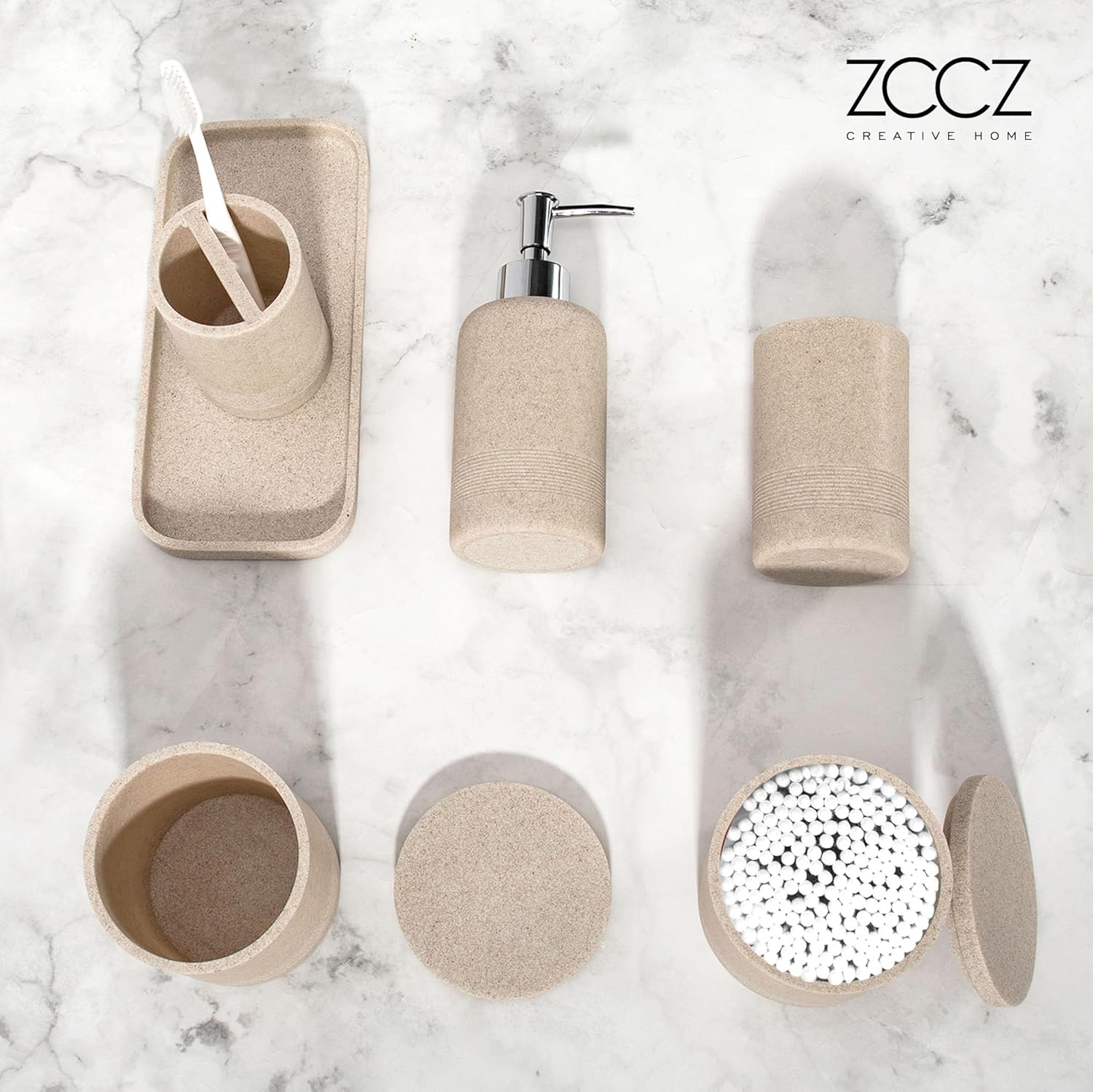 ZCCZ Beige Bathroom Accessories Set 6 Pieces - Toothbrush Holder, Lotion Dispenser, Qtip Container, Vanity Tray, Tumbler - Countertop Organizer for Bathrooms - Elegant and Functional Décor Set - Image 8