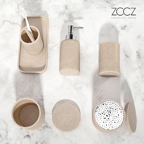 Vista 16 de ZCCZ Juego de accesorios de baño blanco de 6 piezas, soporte para cepillos de dientes, dispensador de loción, recipiente Qtip, bandeja de tocador