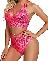 Vista 6 de Conjunto de lencería sexy de brasier y pantaletas con correas finas, de encaje