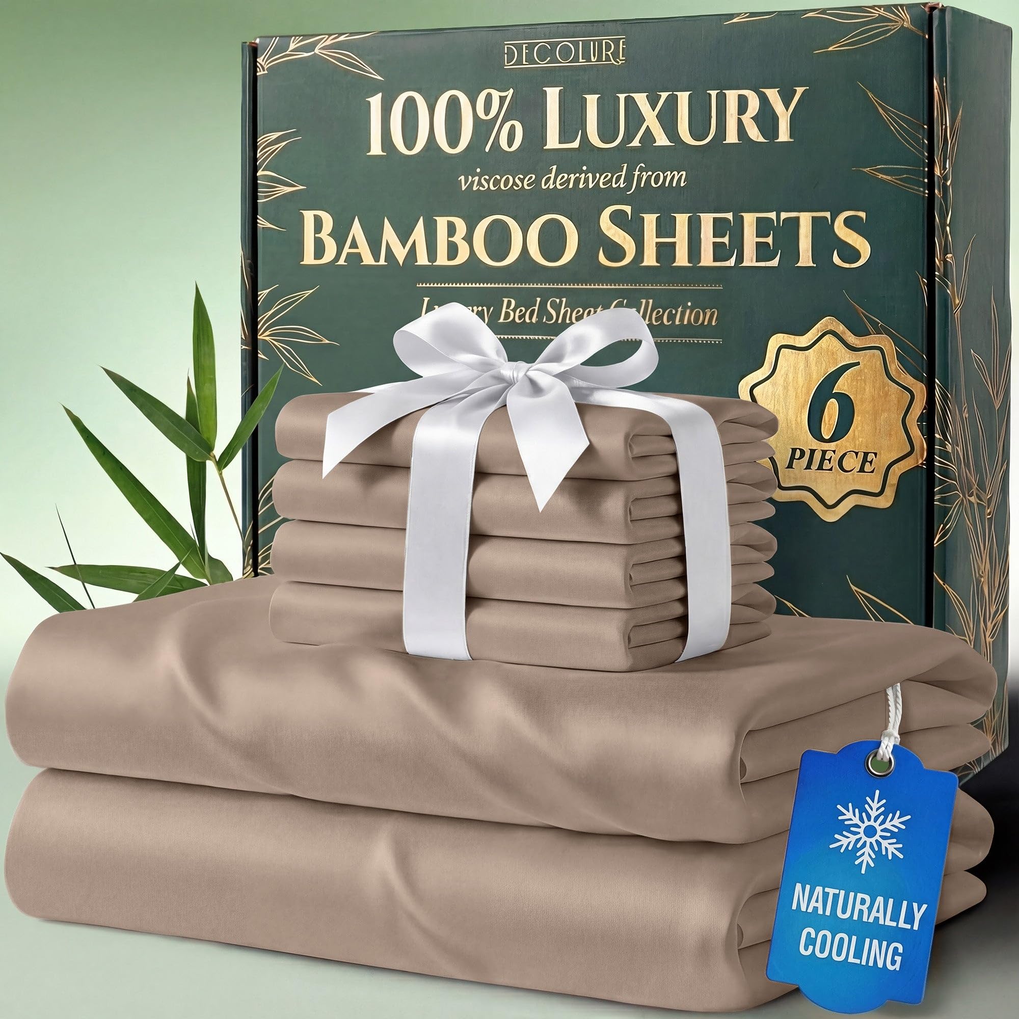 100% Viscose Derived from Bamboo Sheets King Size - Luxury 6 Pc Naturally Cooling Sheets, Ultra Soft Bed Set - Deep 17" Pockets, Durable Double Stitching, Oeko Tex Standard (Taupe)