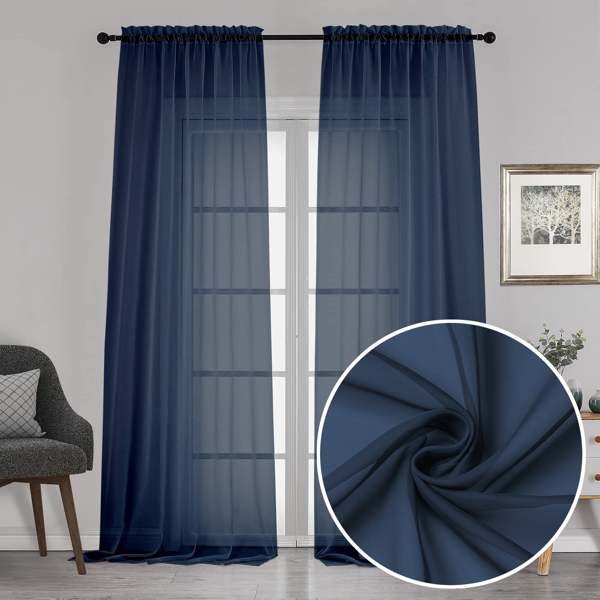 Chyhomenyc Extra Long Sheer Window Curtain Panels 120 Inch 2 PCS, Rod Pocket Durable Soft Touching Backdrop Drapes Window Treatment for Living Room/Farmhouse/Hotel, 42W x 120L inches, Navy Blue, 10 FT