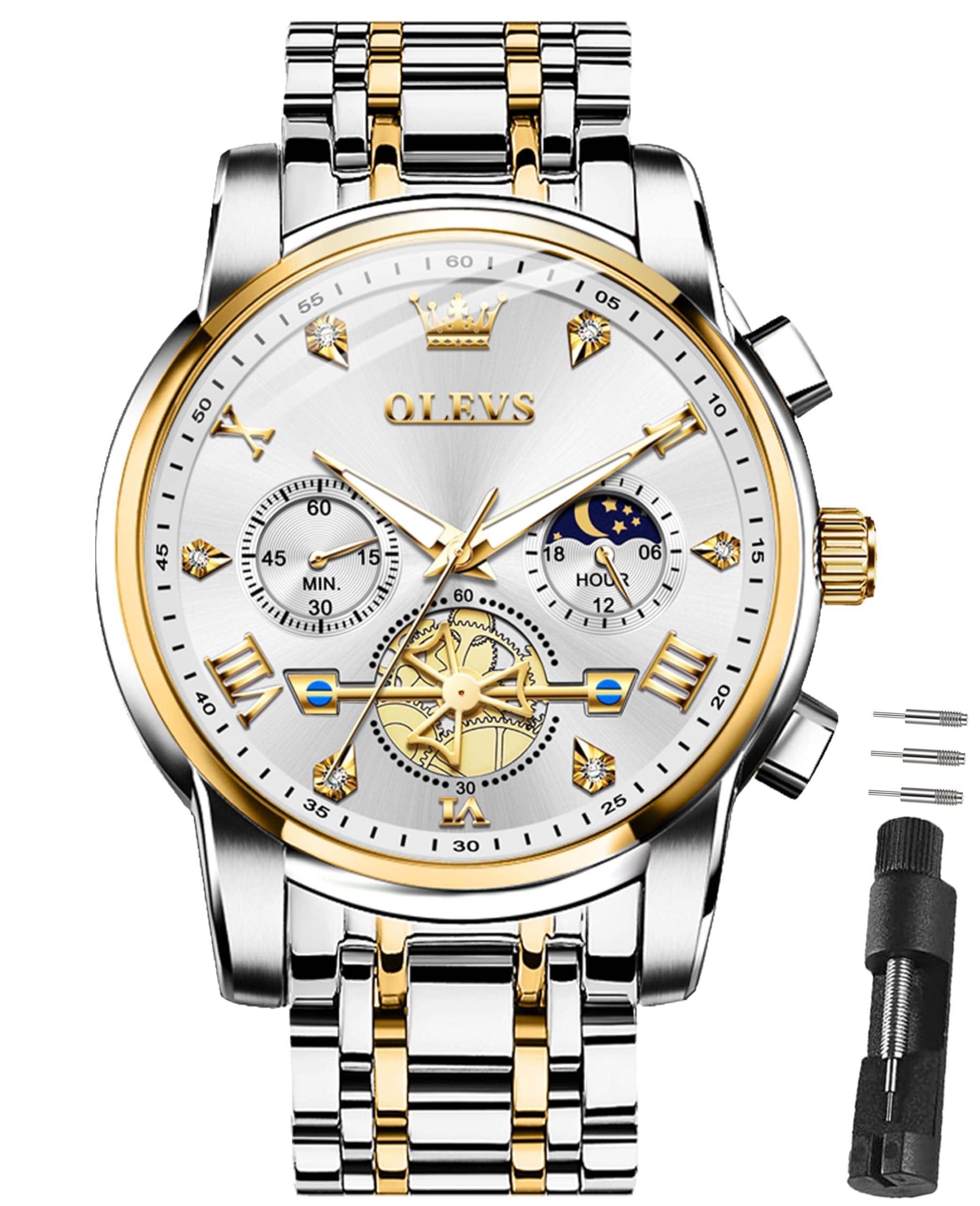 OLEVS Armbanduhr Herren 42mm Großes Zifferblatt Edelstahlarmband Uhren Herren Luxuriös 3Bar Wasserdicht Quarz Herrenuhr Multifunktionsuhr mit Römische Ziffern Männer