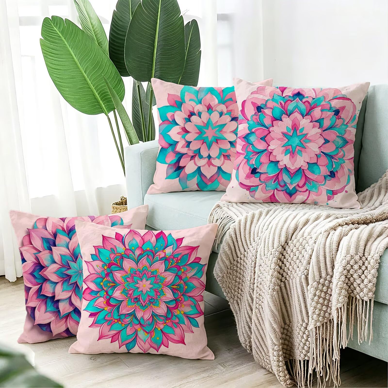 Rosa Federe Cuscini Divano 50x50cm, Cuscini da Esterno Set de 4, Cod-161 | Velour Copricuscini Decorativi Letto Arredo, per Letto, Soggiorno, Giardino, Esterno, Casa Decorazione Set di 4 Mandala