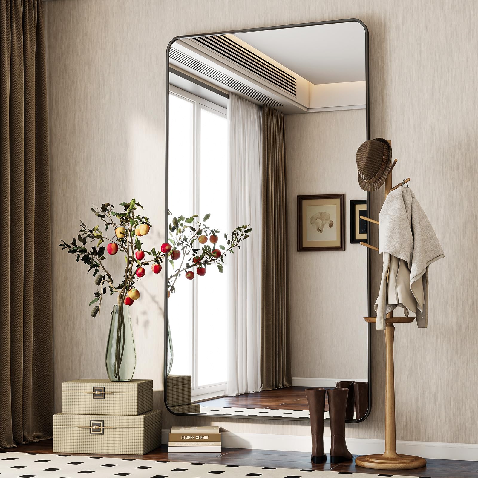 Koonmi Black Full Length Mirror, 171 X 76 Cm, Rectangle Round Corner Full Body Mirror With Stand, Aluminium Alloy Frame, Tempered Glass, For Bedroom, Living Room, Cloakroom,