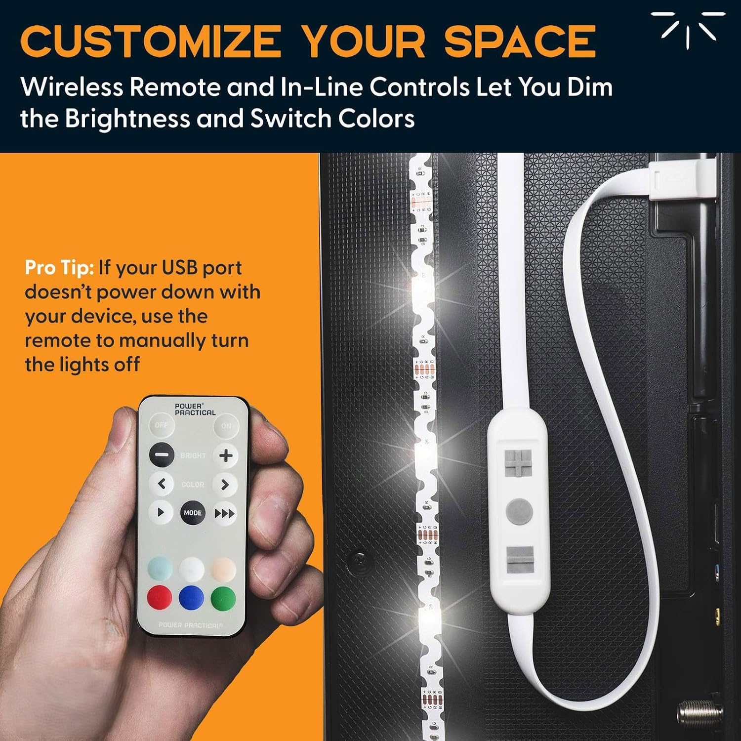 Power Practical LED Lights for TV in Living Room or Bedroom, Luminoodle Backlight, USB Powered Strips w/Remote for 15 Ambient Color Bias Lighting Options & 10 Brightness Modes, Size (41"-59" TV) image 4