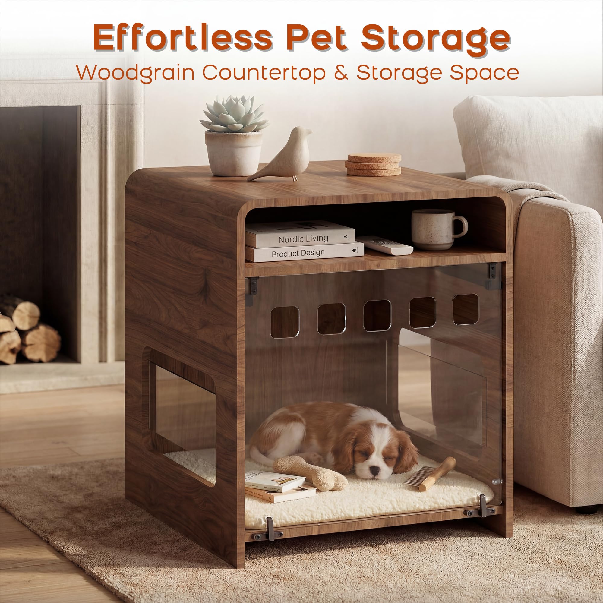 Hundebox für kleine Hunde, Hundekäfig Möbel mit Klapptür, Endtisch Hundekäfig mit Ablagefach, Indoor Haustierhaus für kleine mittelgroße Hunde, Holz Welpenhütte für Zuhause, Dunkles Holz