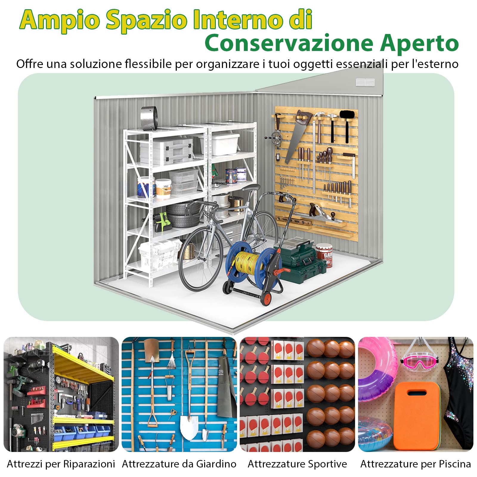 COSTWAY Capanno da Giardino 235 x 174 cm, Casetta Porta Attrezzi da Esterno in Acciaio Zincato con 3 Porte Bloccabile, Tetto Inclinato e Prese d'Aria, Ideale per Cortile e Patio
