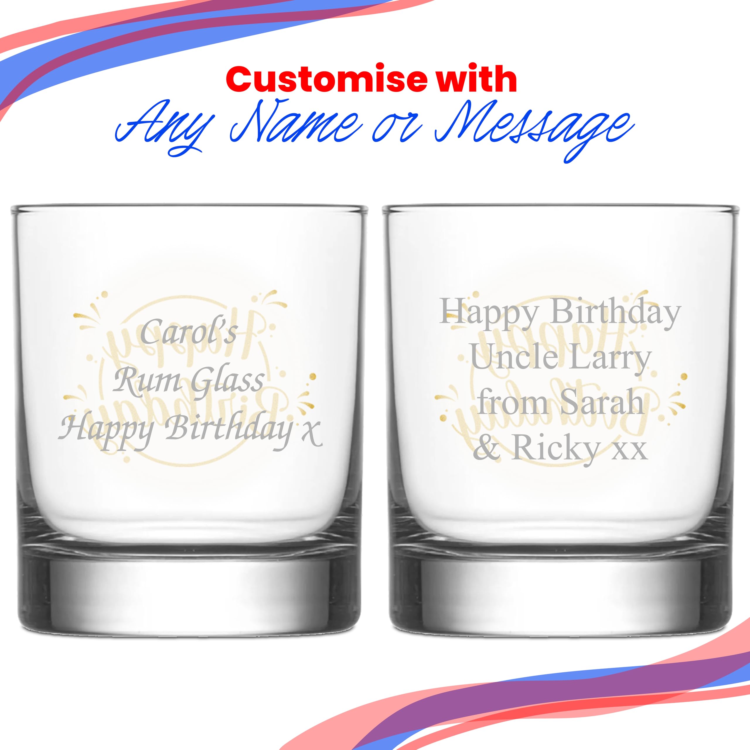 Vaso de whisky personalizado con texto en inglés "Happy Birthday", con texto en inglés «Happy Birthday» para cualquier ocasión, caja de regalo incluida, impreso y grabado en el Reino Unido
