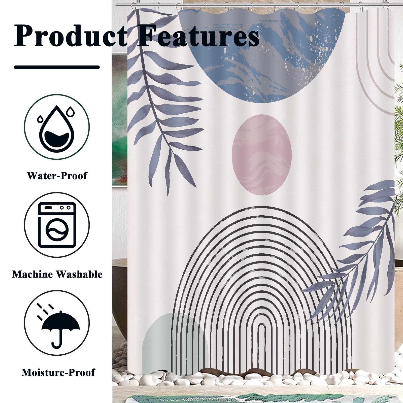 Cortina de ducha bohemia azul para baño, juego de cortina de ducha moderna de mediados de siglo, decoración de baño, accesorio de baño