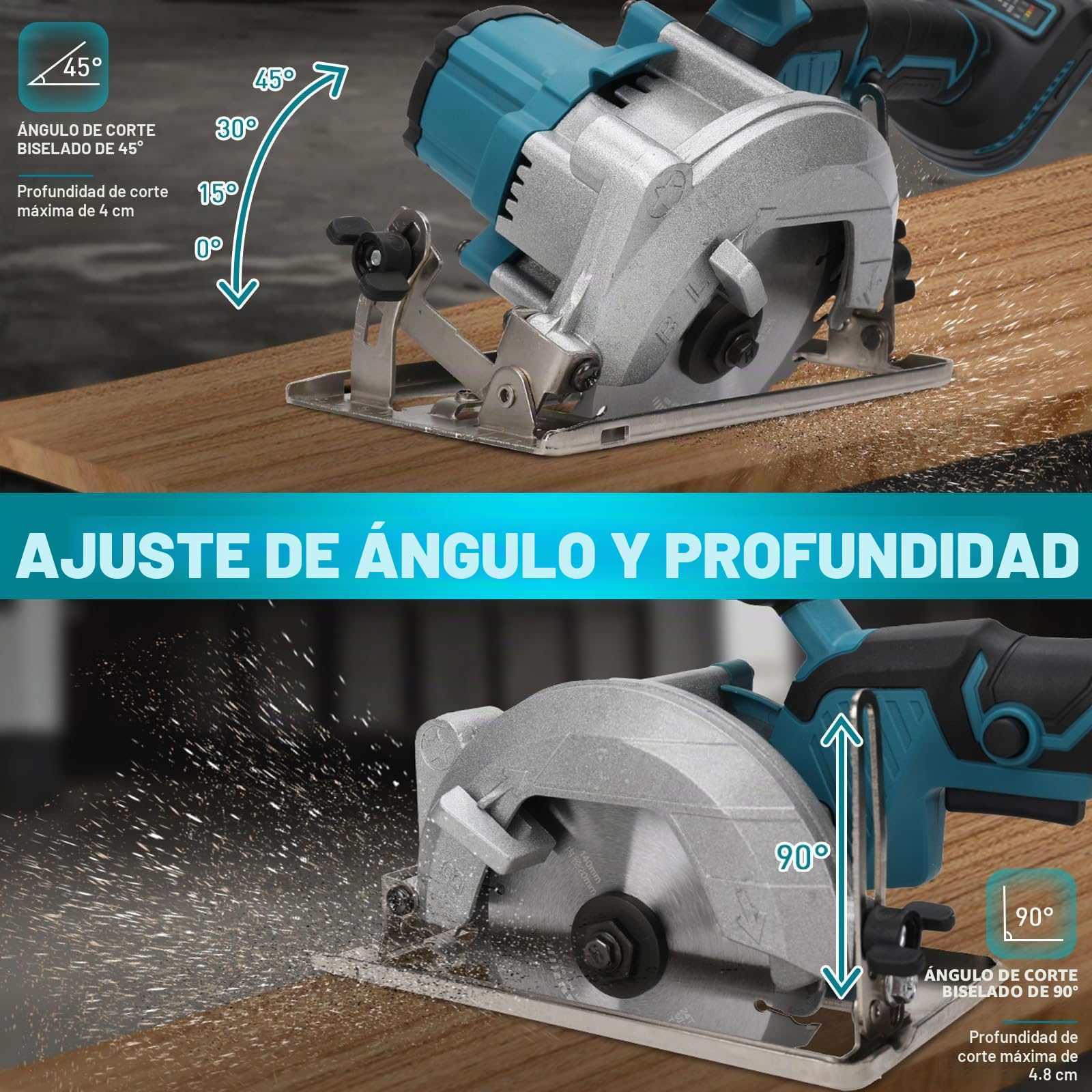 Sierra circular inalámbrica compatible con batería de litio Makita de 18 V, mini sierra circular sin escobillas con 2 hojas de sierra (140 mm), con corte diagonal, 6200 RPM, ideal para cortar madera