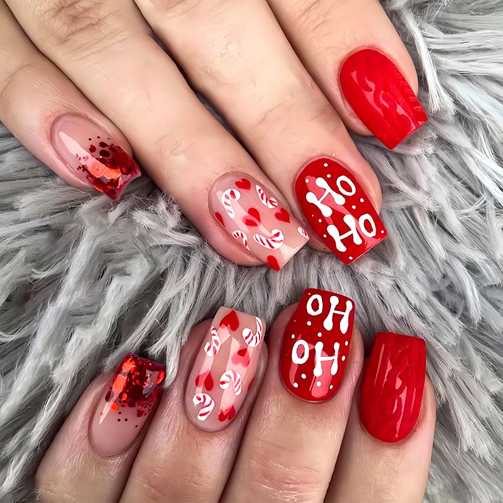 24pcs Glossy Short Square Fake Nails, Christmas Red Press On Nails With Shiny Sequin Love Heart And Crutch Design, X-mas Full Cover False Nails For Women Girls