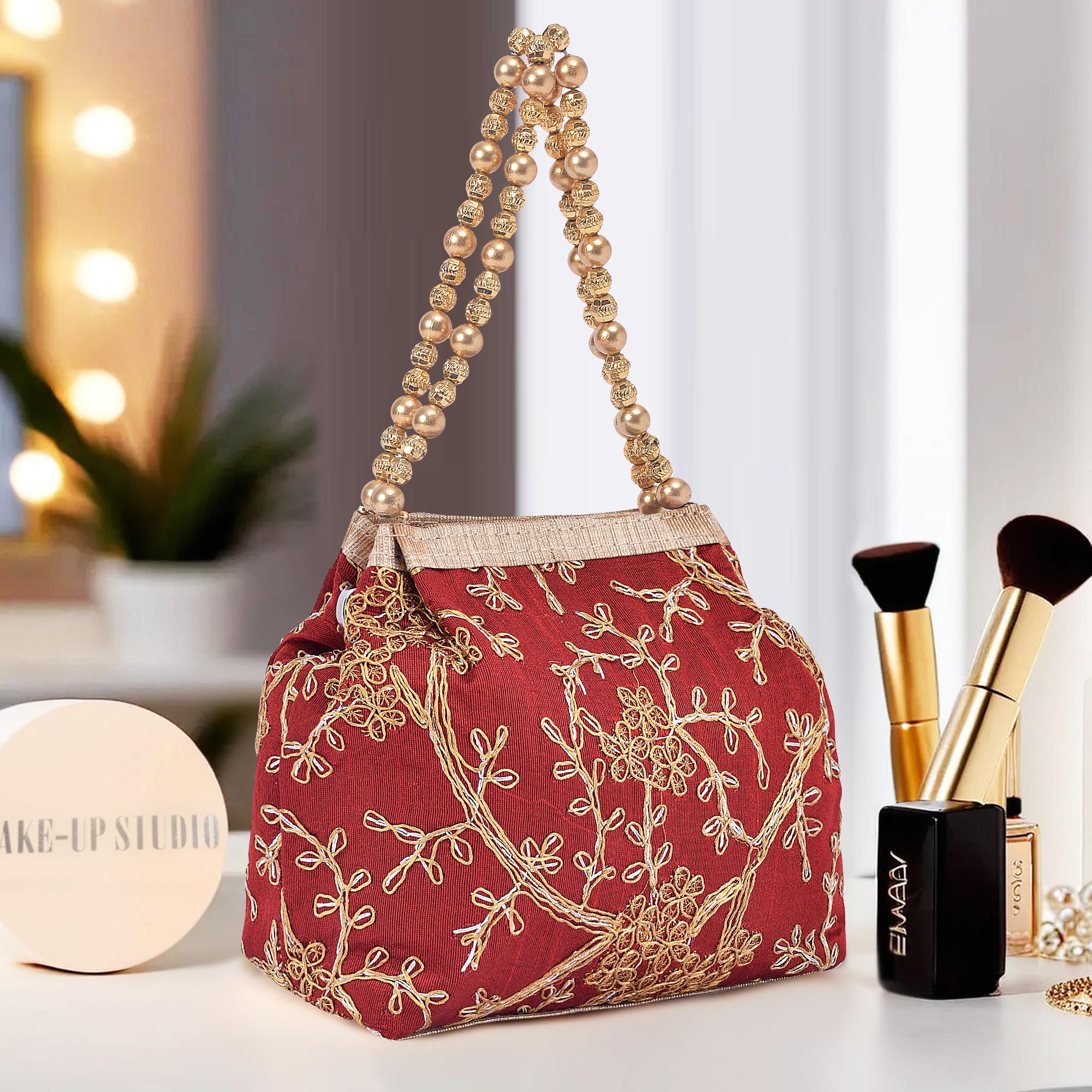 Kuber Industries Potli Bags for Ladies & Girls | Women Shagun Pouches for Festive Seasons | Batwa Bag Bridal Purse | Moti & Embroidery- Maroon