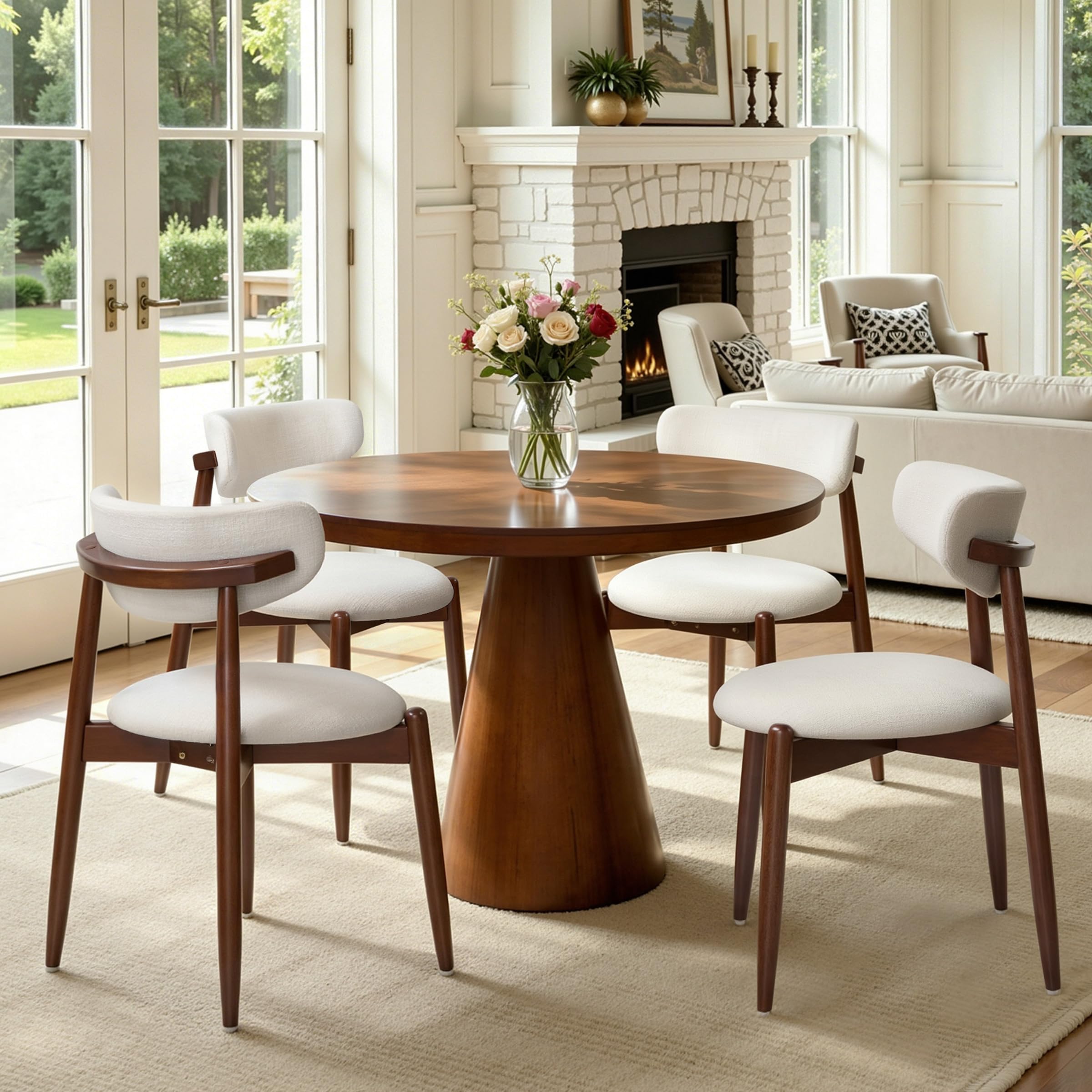 CHUN YI Dining Chairs Set of 4, Wooden Dining Room Chairs with Ergonomic Curved Back, Upholstered Mid Century Modern Kitchen Chairs, Cream