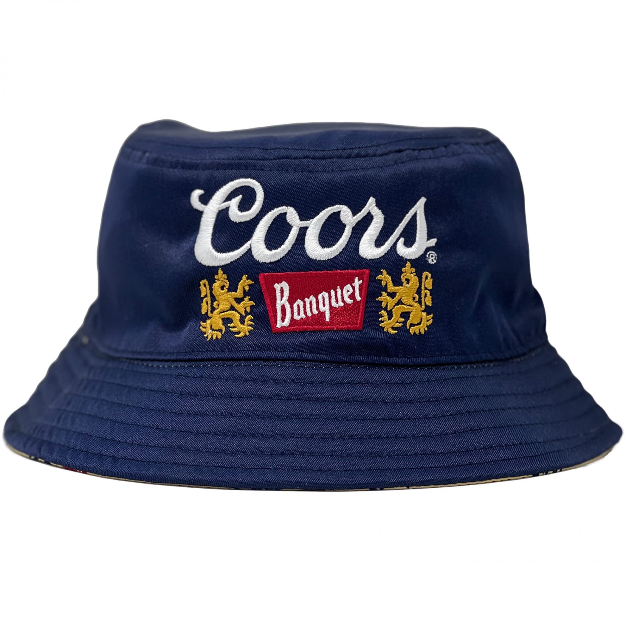 Coors Banquet Beer Brand and All Over Logos Reversible Text Bucket Hat Navy
