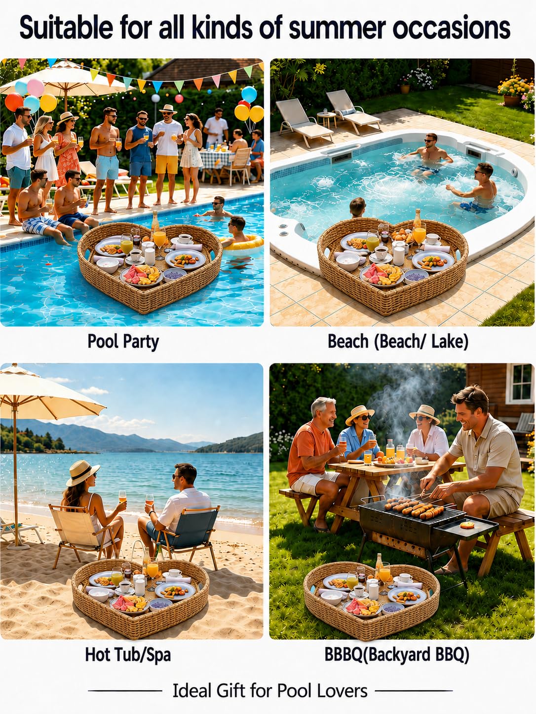 Vassoio da Portata Galleggiante per Piscina, 60 x 20 cm, 4 Colori HeartBlack | Rattan PE Intrecciato, Telaio in Alluminio, Anima in Schiuma e Bordo Alto Mantengono il Servizio Stabile e Facile da Pulire.