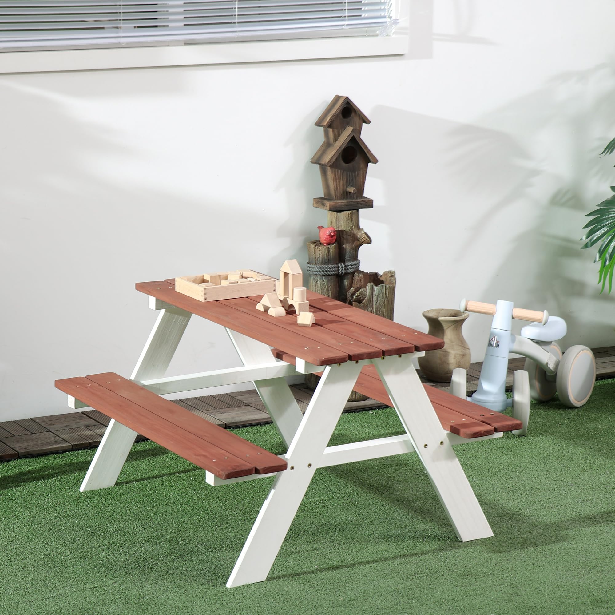 Outsunny Juego de Mesa y 2 Bancos Infantiles de Madera Mesa de Picnic para Niños de 3-8 Años para Jardín Patio Terraza 89x79x50 cm Marrón