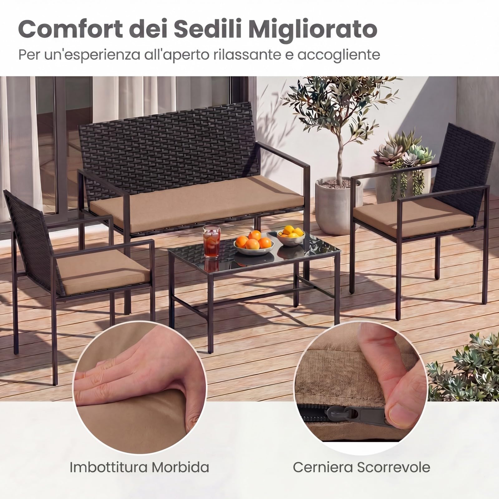 SOARS Set Salotto da Giardino in Rattan 4 Pezzi, Set Mobili da Eterno con 2 Poltrone, Divano a 2 Posti, Tavolino con Piano in Vetro Temperato e Comodi Cuscini per Cortile, Bordo Piscina (Marrone)