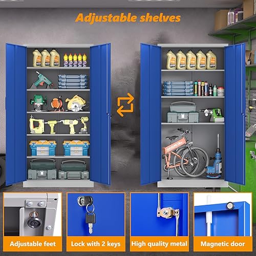 Miniatura 124 de STANI Armario de almacenamiento de metal para garaje con cerradura, archivador de acero con cerradura de 71 pulgadas, gabinete de almacenamiento de