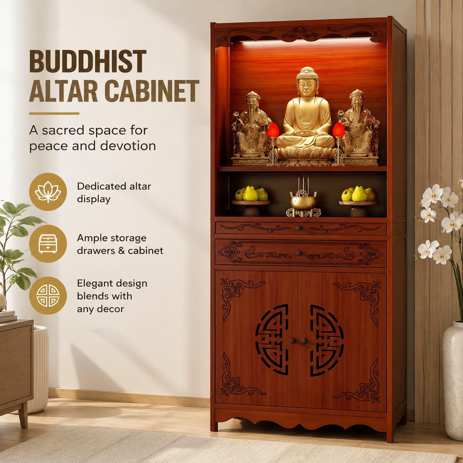 Mobile Altare Buddista, Armadietto Da Preghiera Con Contenitore E Cassetti | Ripiano Aperto, Cassetti Integrati E Spazio Chiuso Per Testi Sacri E Accessori Rituali(53cm/20.8in)