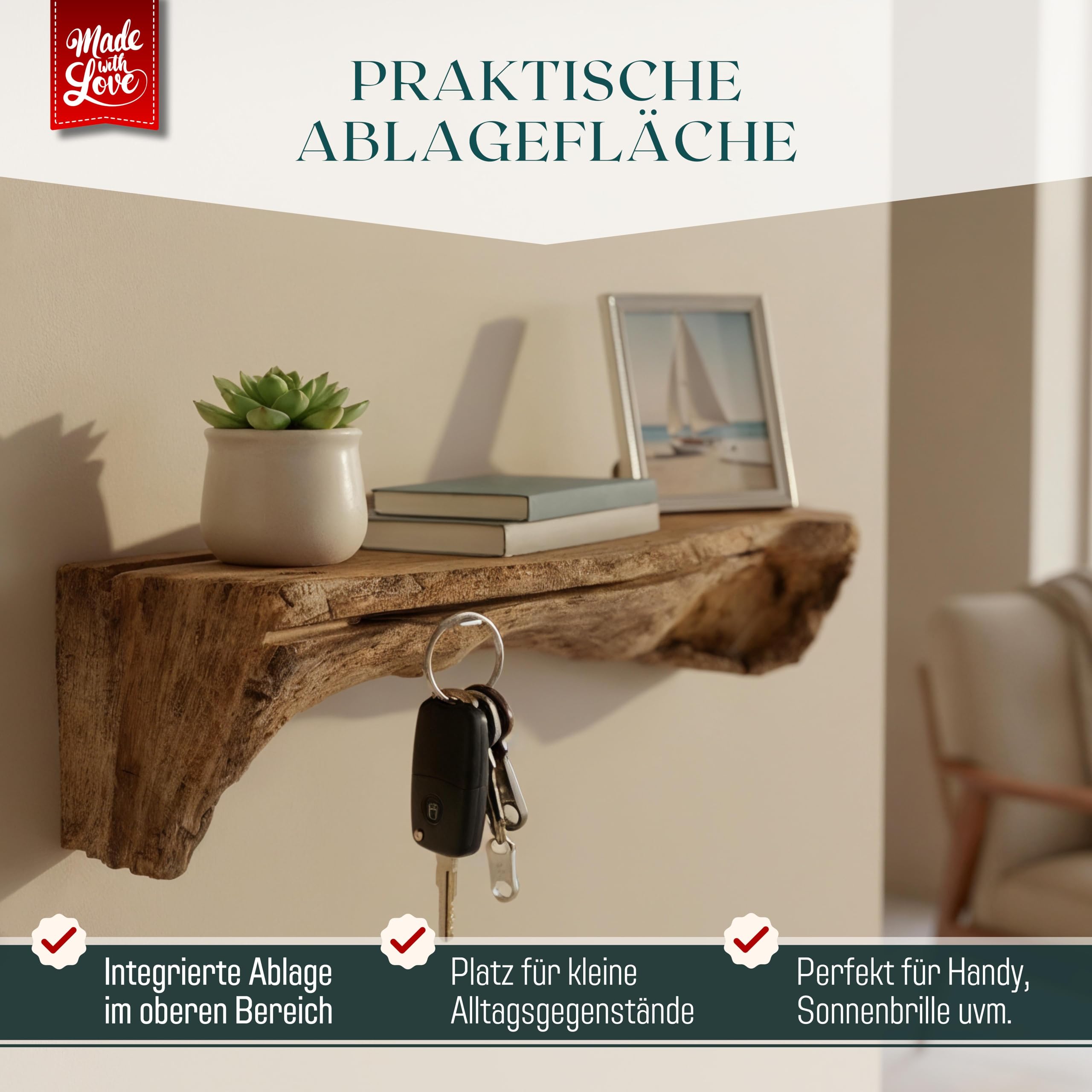 Schlüsselbrett Holz mit Ablage, Schlüsselhalter aus Wurzelholz, 35 cm | Frontseitiger Schlüsselschlitz ohne Haken, Handy- und Fotohalterung, Wandmontage, für Flur und Diele