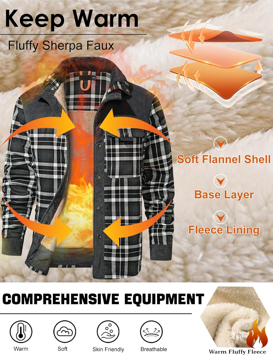 Eisctnd Men's Sherpa Lined Flannel Jacket Outdoor Long Sleeve Plaid Fleece Shirt Warm Casual Button Down Coat - Image 5